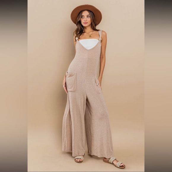 Brushed Ribbed Knit Knot Strap Wide Leg Jumpsuit - Picture 3 of 5